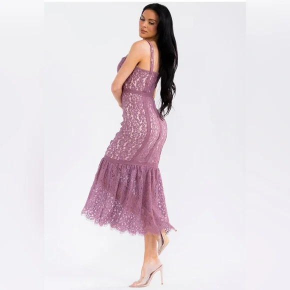 Mauve Crochet Lace Bodycon Maxi Dress Square Neck Sleeveless Elegant Size-Large - Picture 7 of 10